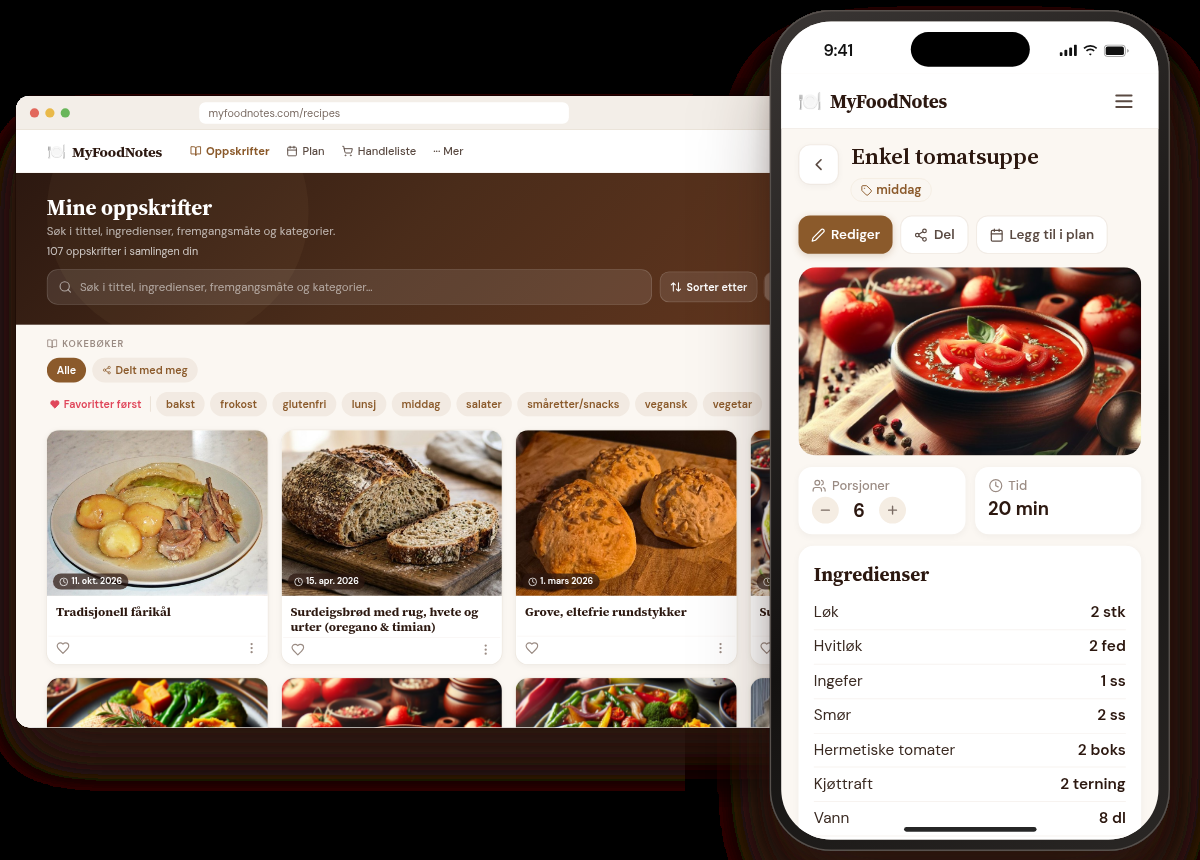 MyFoodNotes på datamaskin og mobil: oppskriftsliste og en oppskrift