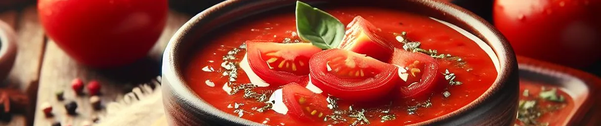 Bowl of red tomato soup topped with sliced tomatoes, basil and herbs, on a wooden tray surrounded by fresh tomatoes.